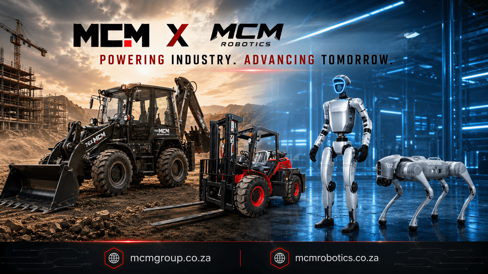 MCM construction machines and MCM Robotics humanoid and quadruped robots - powering industry, advancing tomorrow