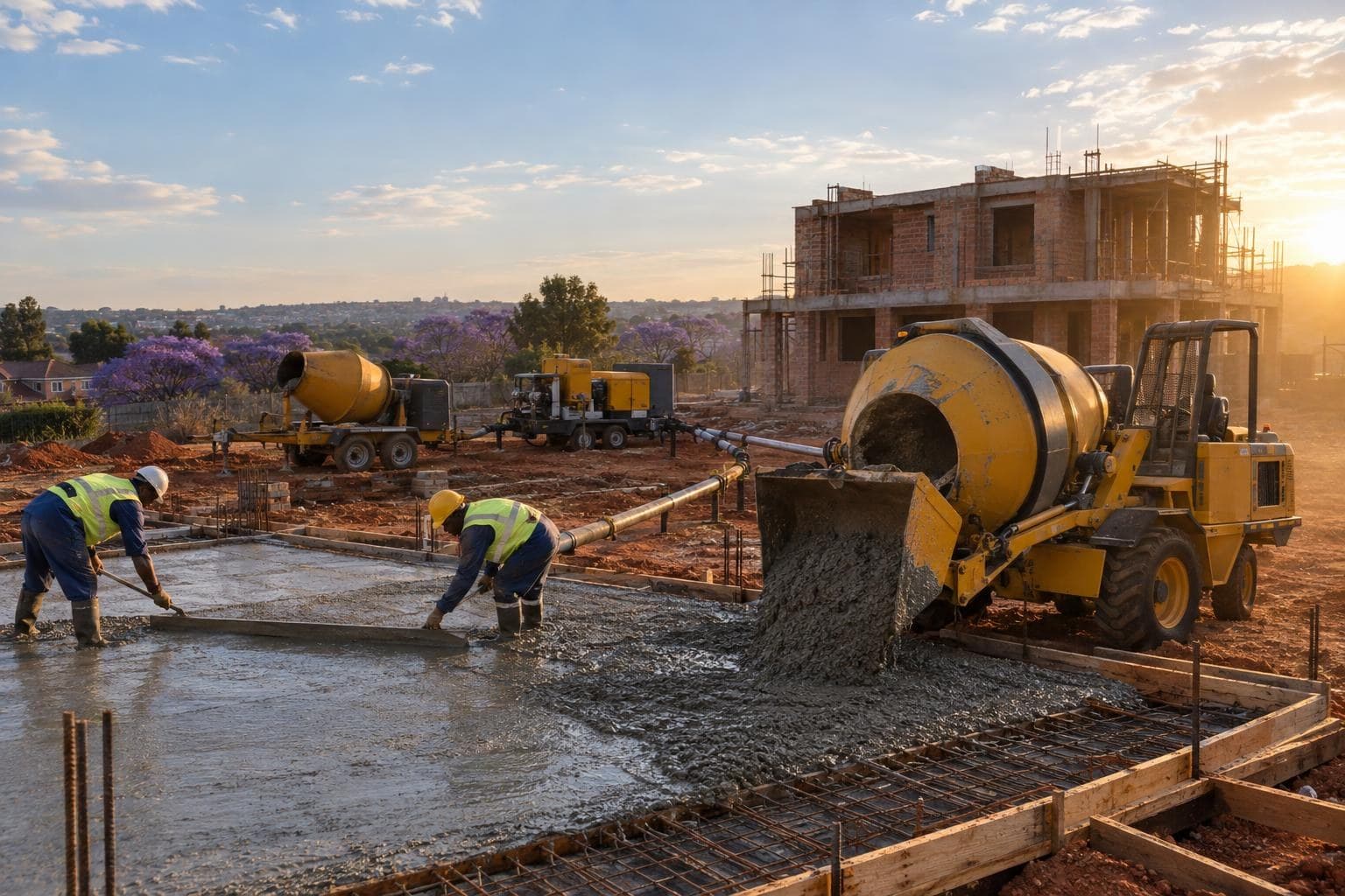 Self-loading concrete mixer discharging into a floor slab with a drum mixer and concrete pump on a South African building site - MCM Group concrete equipment